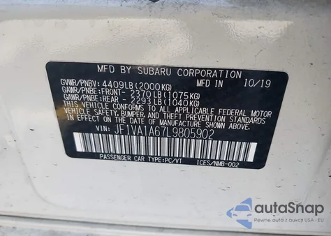 2020 Subaru Wrx из США, поврежденный, VIN JF1VA1A67L9805902